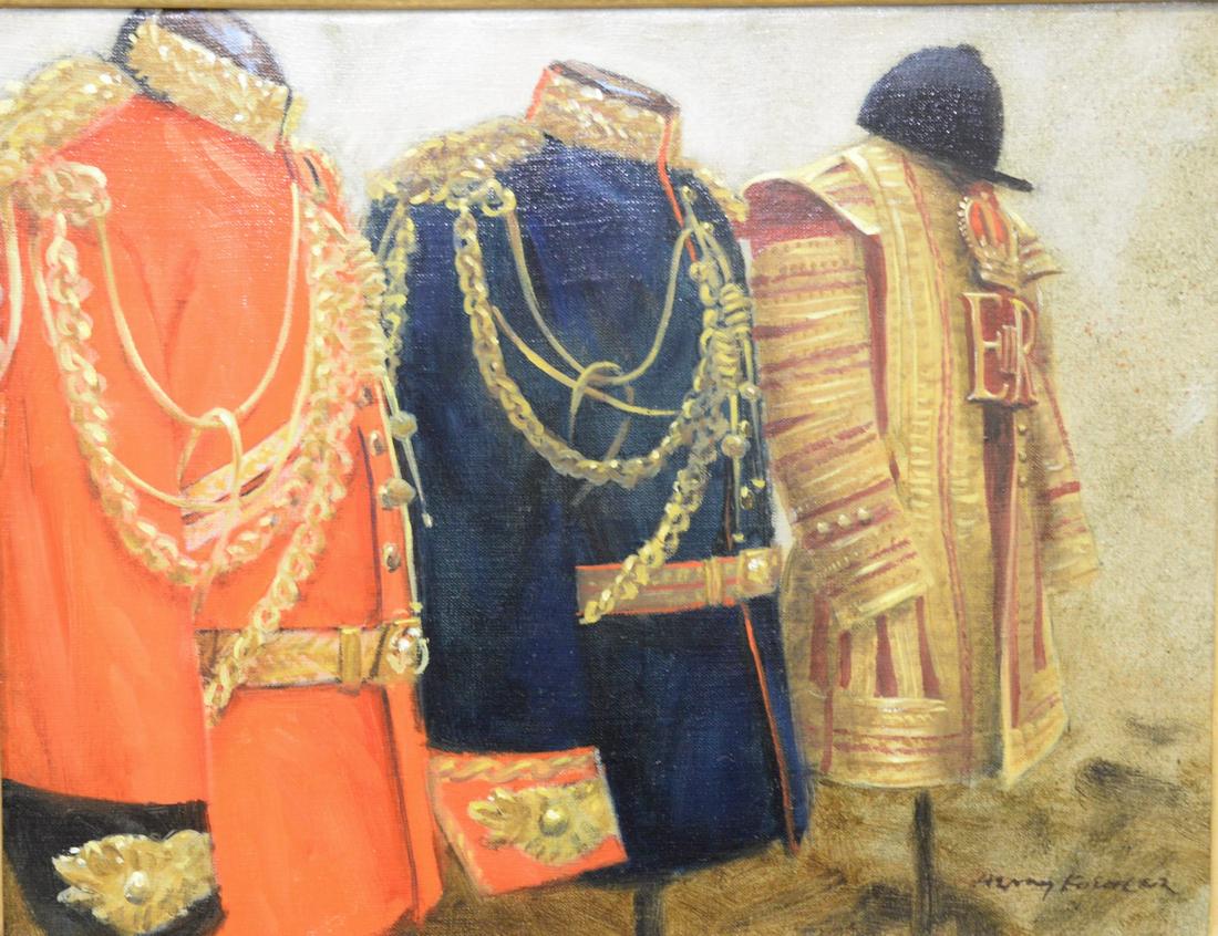Henry Koehler (American, 1927 - 2018) "Tunics,: Henry Koehler (American, 1927 - 2018)"Tunics, Household Cavalry, 1996"oil on canvas signed, dated and titled Henry Koehler lower right verso11" x 14"Provenance: The Estate of Gloria Schiff, 630 Park A