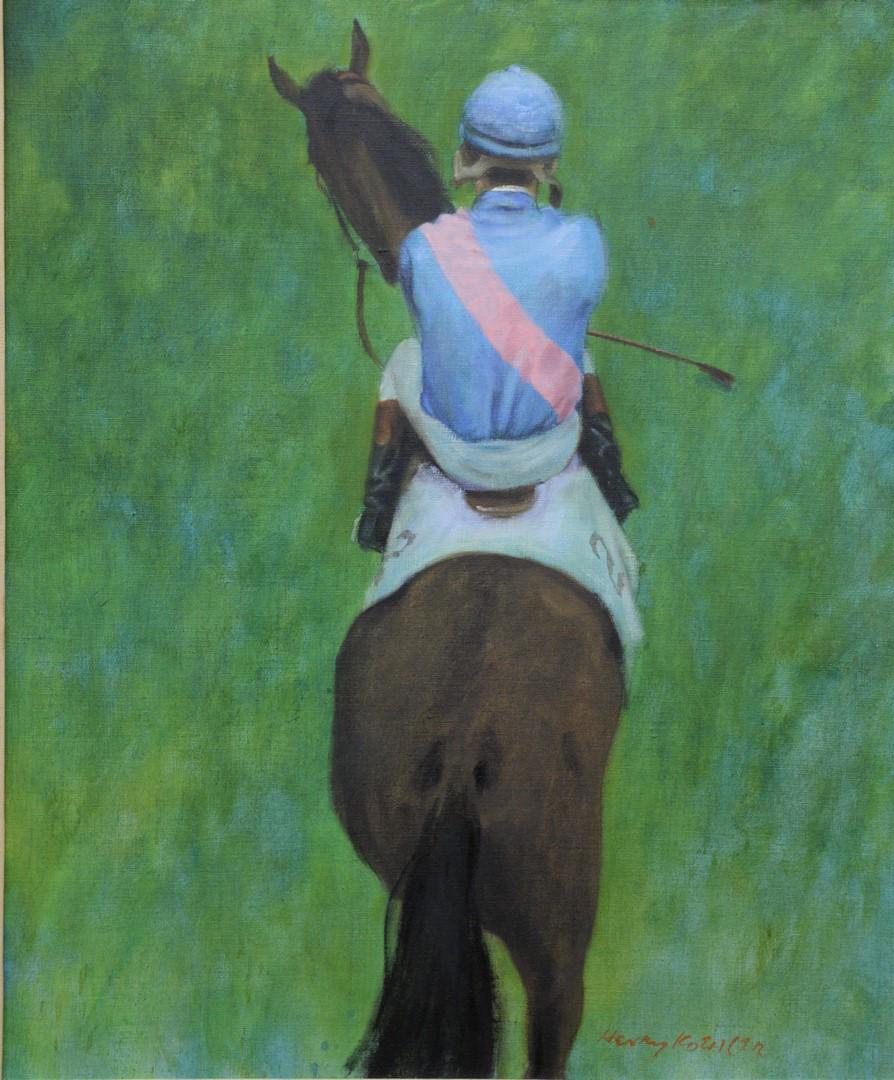 Henry Koehler (American, 1927 - 2018) "Blue and Pink: Henry Koehler (American, 1927 - 2018)"Blue and Pink Jockey, Below, 1973"oil on canvassigned, dated and titled Henry Koehler lower right verso24" x 20"