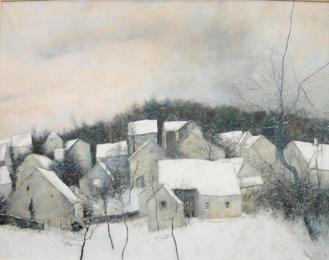 Bernard Gantner (French, b. 1928) "L'aire en Hiver,: Bernard Gantner (French, b. 1928)"L'aire en Hiver, 1977"oil on canvassigned and dated lower right Gantner, 77Wally Findlay Galleries label verso44 1/2" x 57"