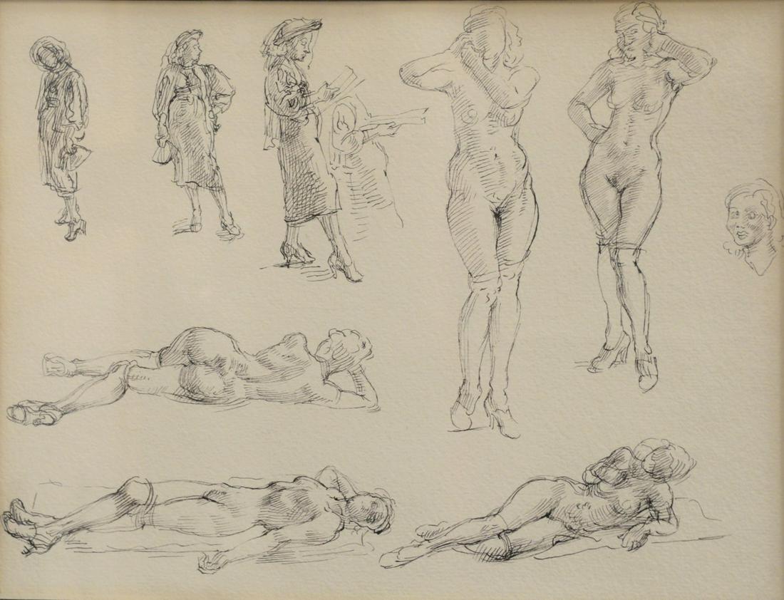 Reginald Marsh (1898 - 1954) "Figure Studies" ink on: Reginald Marsh (1898 - 1954)"Figure Studies"ink on paperunsignedACA Galleries, Inc., New York label versosight size: 8 1/2" x 11 1/4"Provenance: The Estate of Ed Brenner, Short Hills, New Jersey