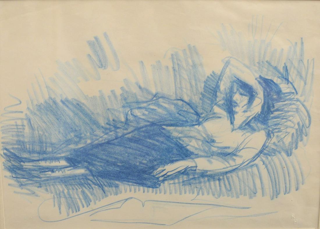 Robert Henri (1865 - 1929) Reclining Nude blue pencil: Robert Henri (1865 - 1929)Reclining Nudeblue pencil and crayon on paperembossed R.H. lower rightHirschl & Adler Galleries, New York label versosight size: 7 1/2" x 10 1/2"Provenance: The Estate of Ed