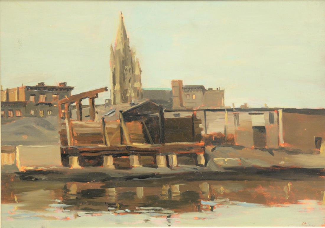 David Levine (1926 - 2009) "Gowanus, Brooklyn" oil on: David Levine (1926 - 2009)"Gowanus, Brooklyn"oil on boardinitialed lower left D.L.Gallery Fifty-two, New Jersey label verso10" x 14"
