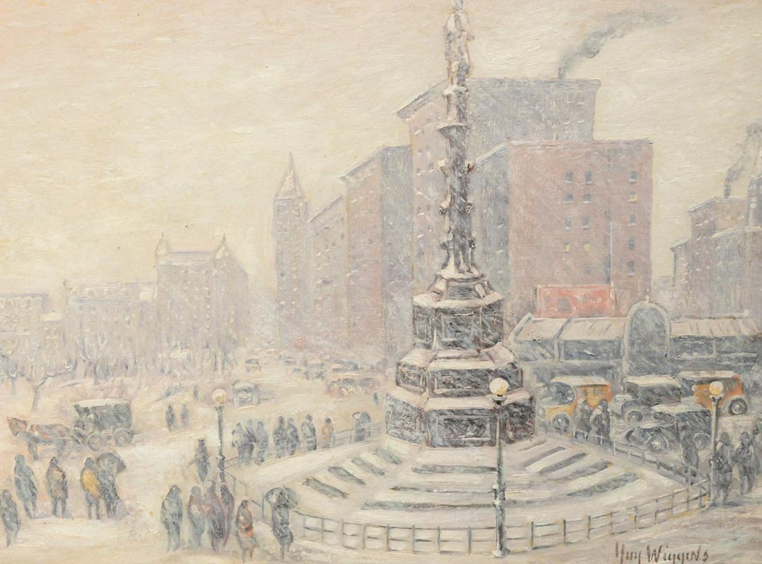 Guy Carleton Wiggins (American, 1883 - 1962) "New York: Guy Carleton Wiggins (American, 1883 - 1962)"New York Storm, Columbus Circle"oil on boardsigned lower right Guy Wigginssigned and titled versoMidtown Galleries label verso12" x 16"