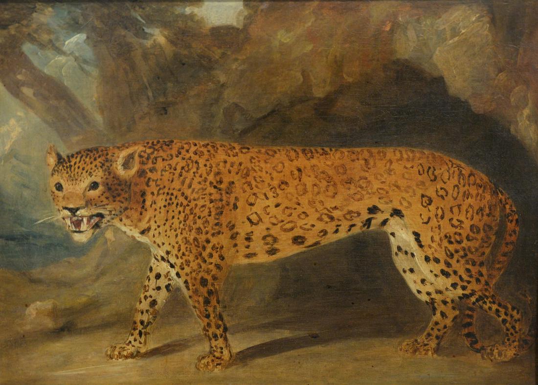 British School (19th Century) Leopard in a Landscape: British School (19th Century)Leopard in a Landscape, oil on canvas unsigned, 12" x 15 1/2"Provenance: The Estate of Gloria Schiff, 630 Park Avenue, New York