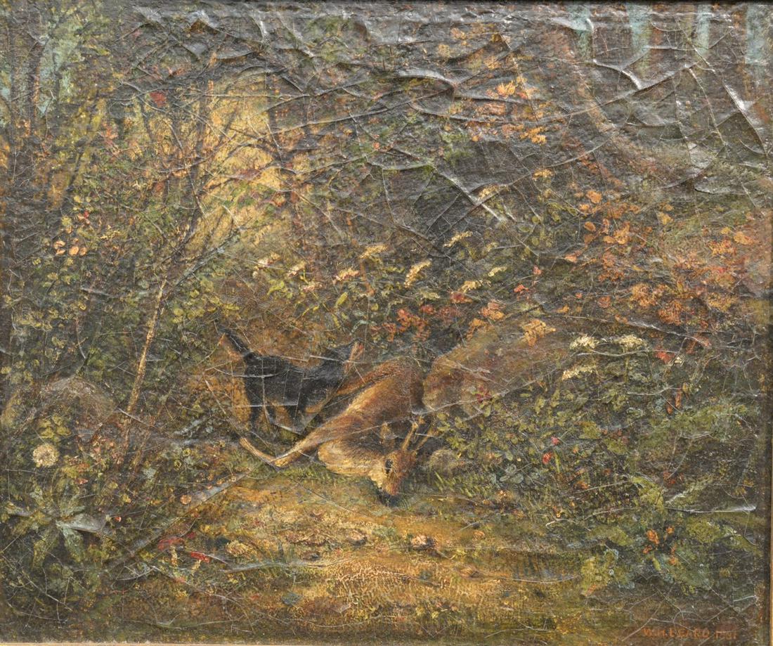 William Holbrook Beard (American, 1824 - 1900) Forest: William Holbrook Beard (American, 1824 - 1900)Forest Scene with Stag, 1881oil on boardsigned and dated W.H. Beard, 1881 lower rightheavy craquelure with active liftingKennedy Gallery label verso10 1/2