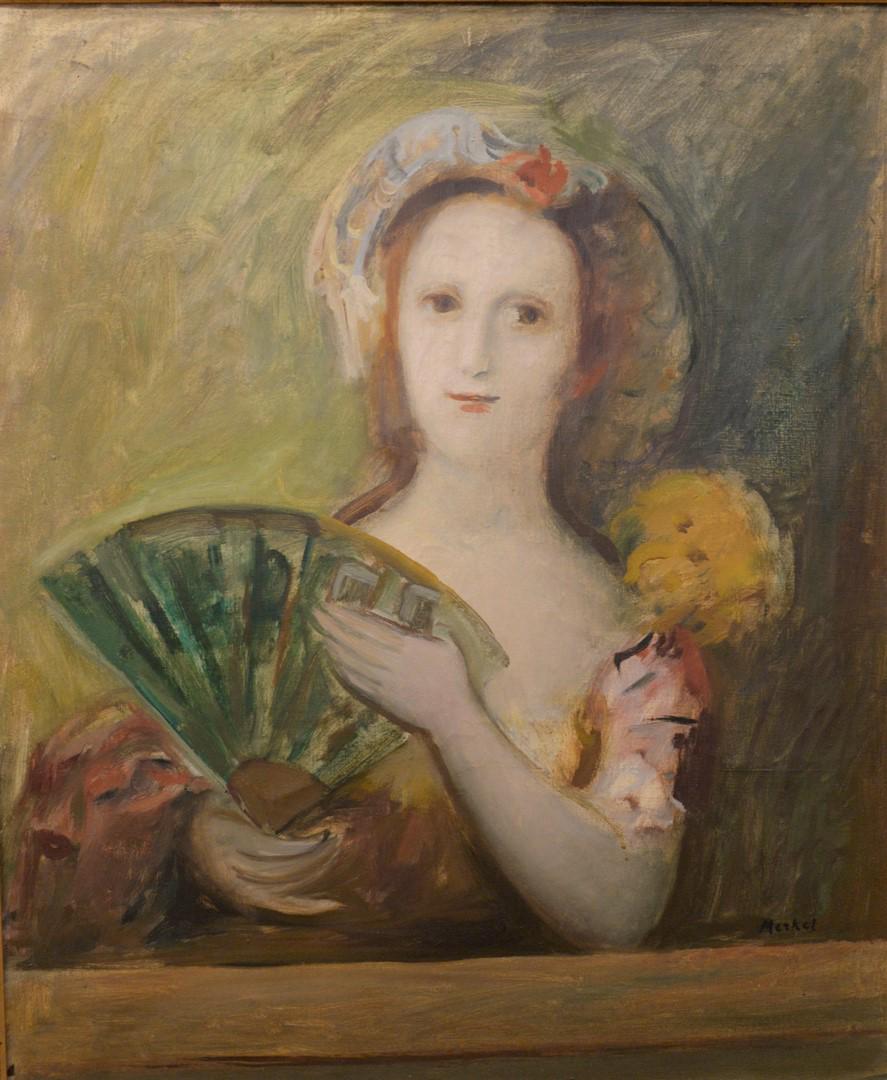 Georg Merkel (Ukrainian, 1881 - 1976) Woman with a Fan: Georg Merkel (Ukrainian, 1881 - 1976)Woman with a Fan, oil on canvas, signed lower right, Merkel28 3/4" x 23 1/2"Provenance: The Estate of Alina Roisen, Park Avenue, New York