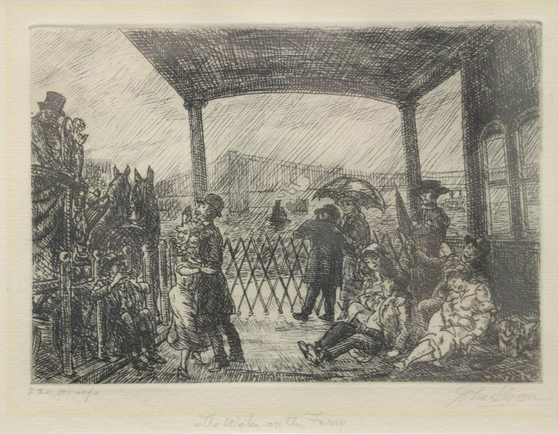 John Sloan Etching The Wake on the Ferry pencil signed: John Sloan EtchingThe Wake on the Ferrypencil signed lower right John Sloan, 83, lower left 250 proofs, and titled bottom centerplate size 5" x 7"Provenance: The Estate of Ed Brenner, Short Hills, New