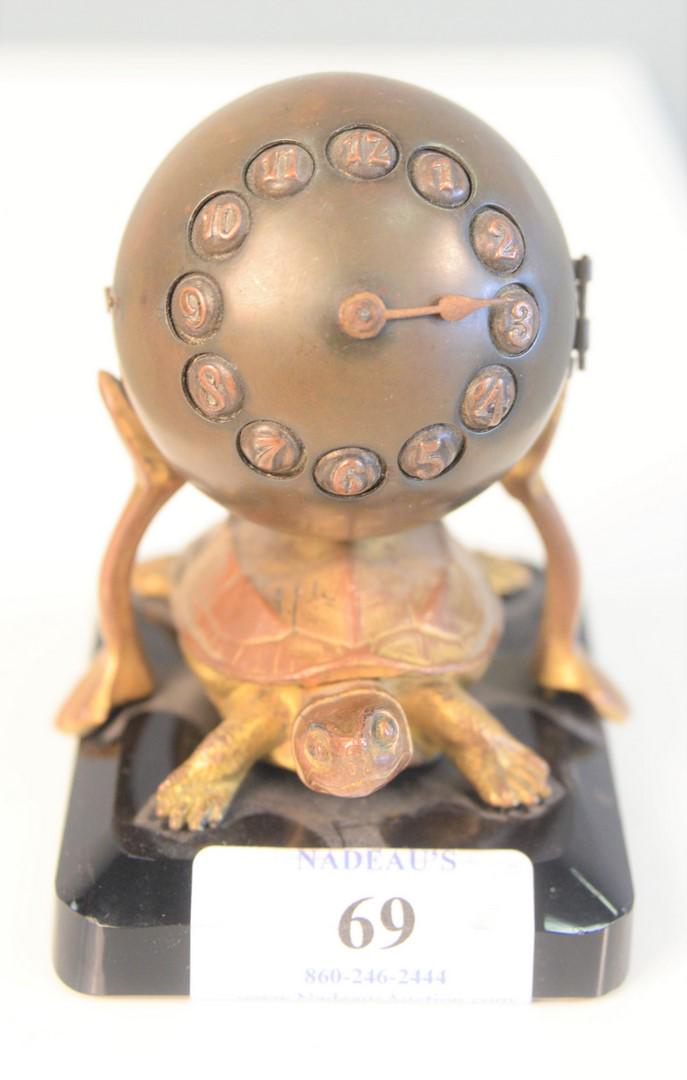Bronze Turtle Clock on black glass base (1 of 5)