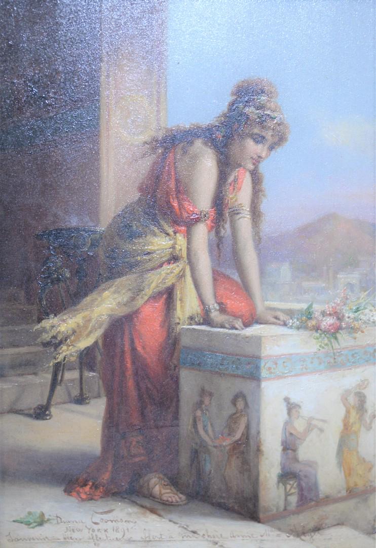Diana Coomans (Belgian, 1861 - 1952) Mediterranean: Diana Coomans (Belgian, 1861 - 1952)Mediterranean Maiden, 1891oil on panelsigned, dated, and inscribed along the lower edge: Diana Coomans, 189110 1/4" x 7 1/4"