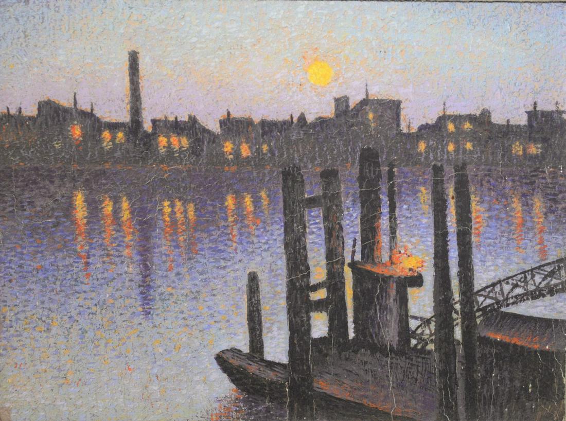 Attributed to Lamorna Birch "The Thames, Battersea,: Attributed to Lamorna Birch"The Thames, Battersea, 1926"oil on canvasinscribed by an unknown hand on the stretcher bar6 1/8" x 8 1/8"
