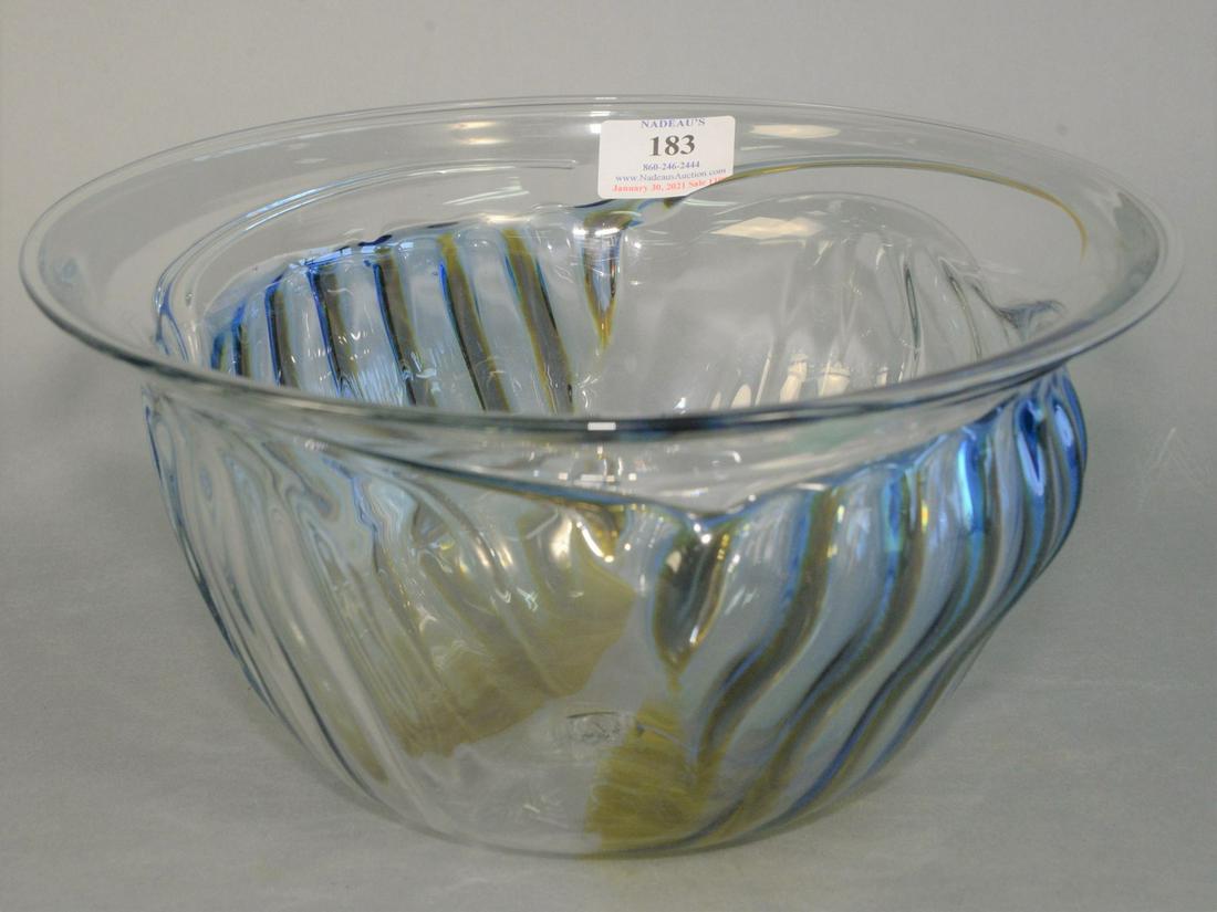 Large Peter Bramhall Glass Bowl with blue and yellow: Large Peter Bramhall Glass Bowlwith blue and yellow glass signed on the undersideheight 6 inches, width 10 1/2 inchesProvenance: The Estate of Diana Atwood Johnson