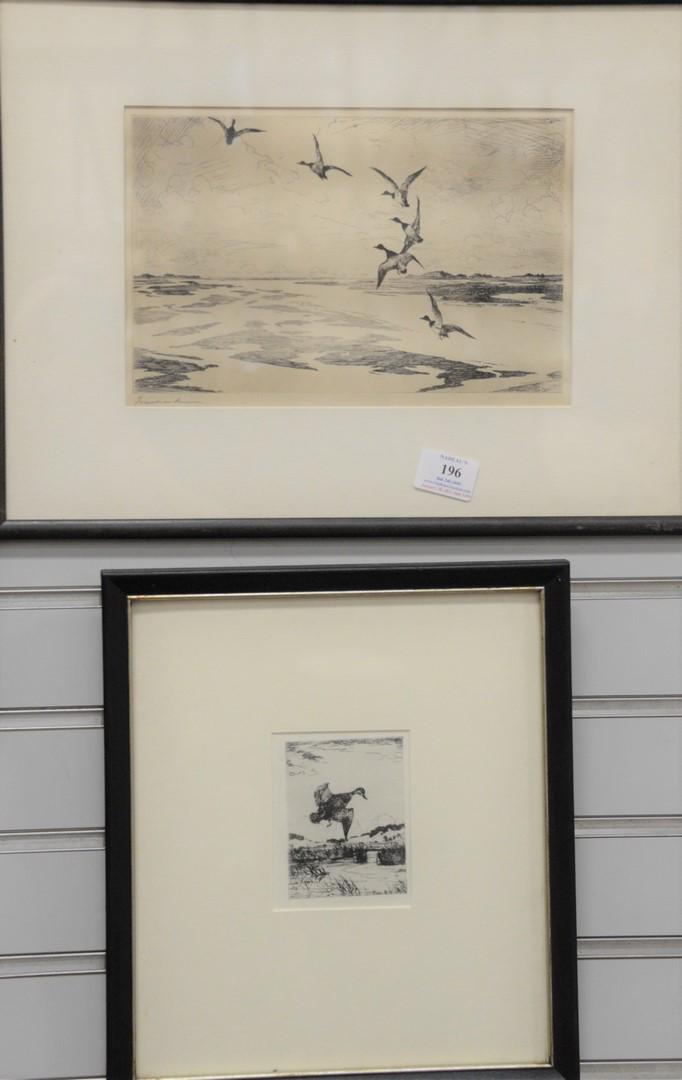 Six Sporting Framed Pieces to include Alderson Magee: Six Sporting Framed Piecesto include Alderson Magee "Ruffed Grouse" scratch board, 3 3/4" x 5";two etchings of ducks;two Frank Benson etchings"Wild Marshes" and "The Passing Flock", both pencil signed