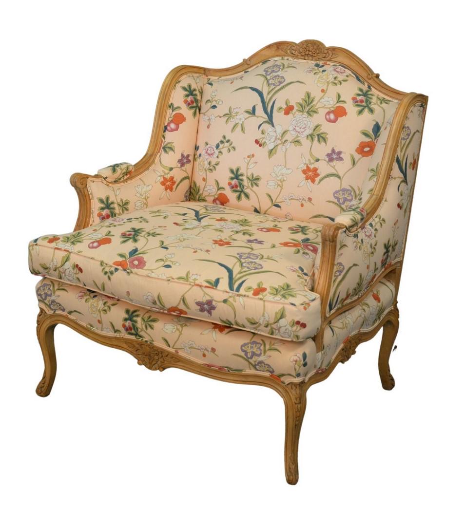Louis XV Style Bergere with custom upholstery height 39: Louis XV Style Bergerewith custom upholsteryheight 39 1/2 inches, width 34 inches