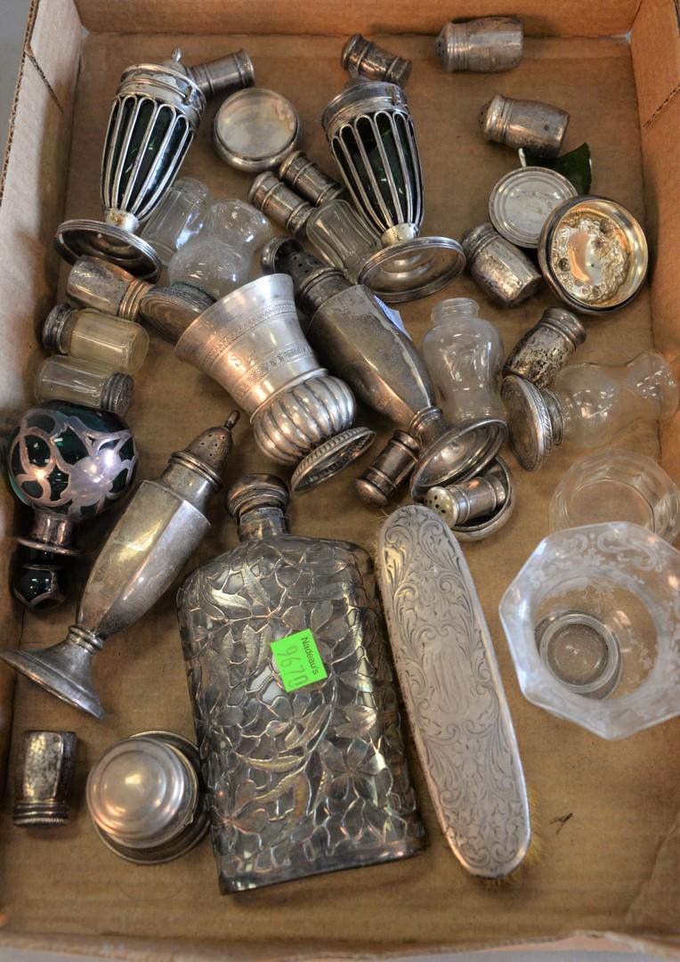Silver Lot  to include overlay flask, perfume, pepper (1 of 3)
