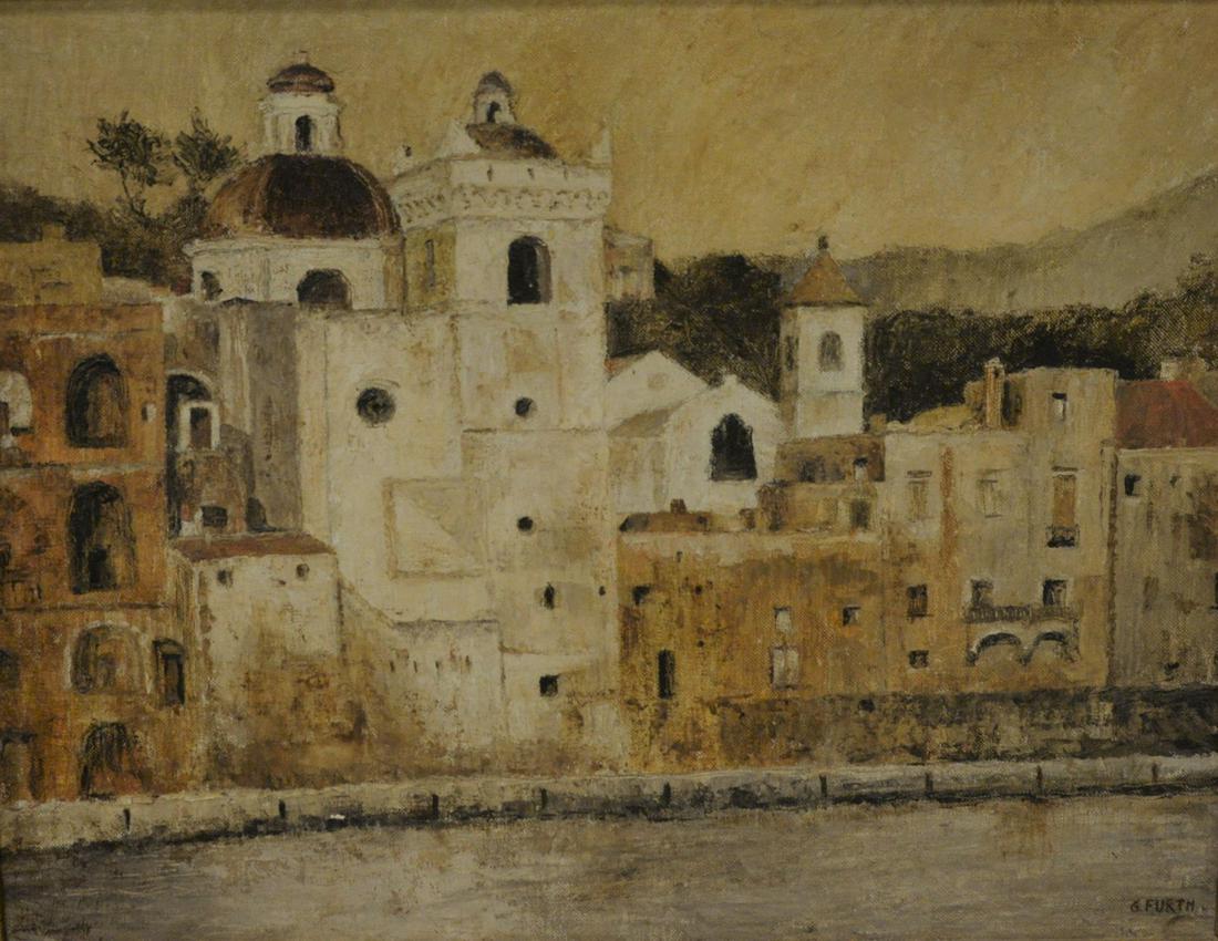 G. Furth (20th Century) Italian coastal cityscape oil (1 of 3)