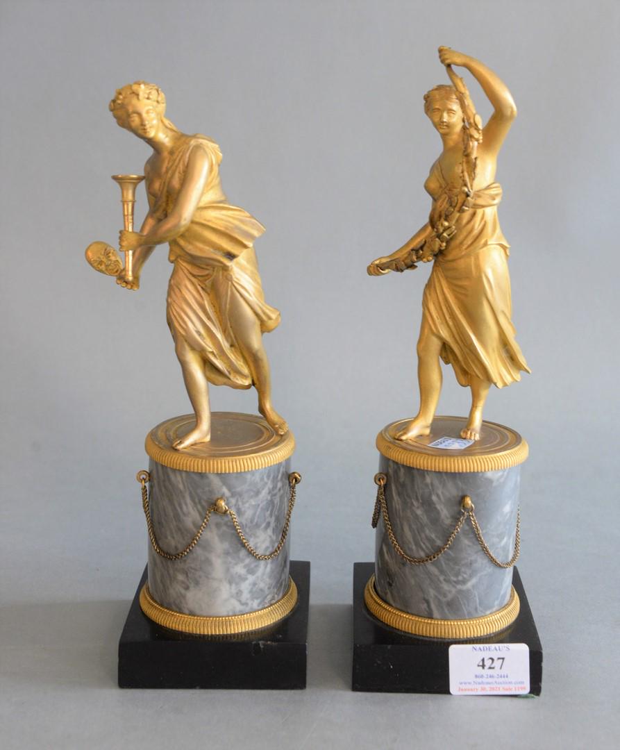 Pair Gilt Bronze Classical Figures on grey marble, set (1 of 6)