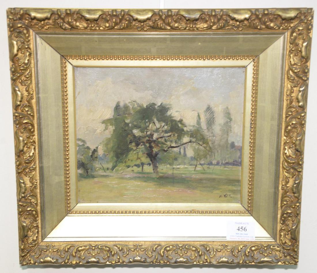 Douglas Volk (American, 1856 - 1935) Springtime: Douglas Volk (American, 1856 - 1935)Springtime landscapeoil on canvas laid on boardsigned lower right: D Volk"To My Friend, Wyatt Eaton, Sincerely, Douglas Volk" written on the reverse8" x 9"