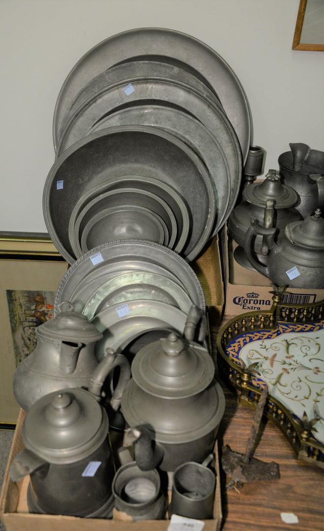 Large Group of Pewter to include trays; chargers; (1 of 3)