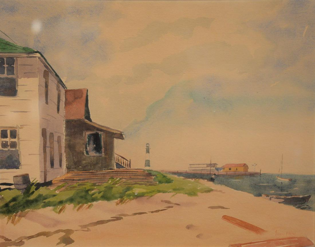 John Cuthbert Hare (American, 1908-1978), beach with: John Cuthbert Hare (American, 1908-1978), beach with lighthouse,watercolor on paper,signed lower right 13" x 16".