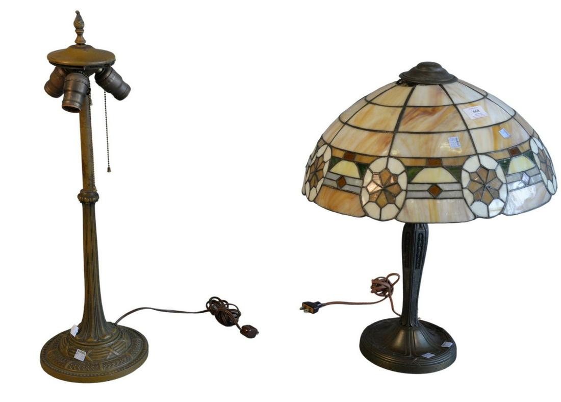 Two Piece Lot  leaded glass table lamp and panel shade (1 of 4)