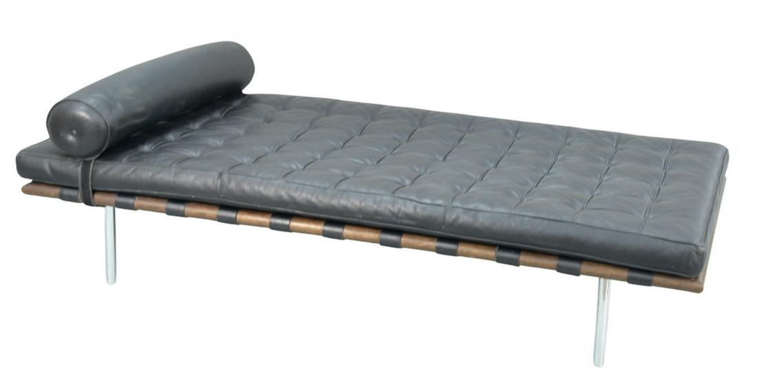Ludwig Mies Van Der Rohe Barcelona Daybed, by Knoll: Ludwig Mies Van Der Rohe Barcelona Daybed, by Knoll Associates, rosewood frame on chrome, tubular legs, and black leather cushion, circa 1960, height 15 inches, length 77 inches.