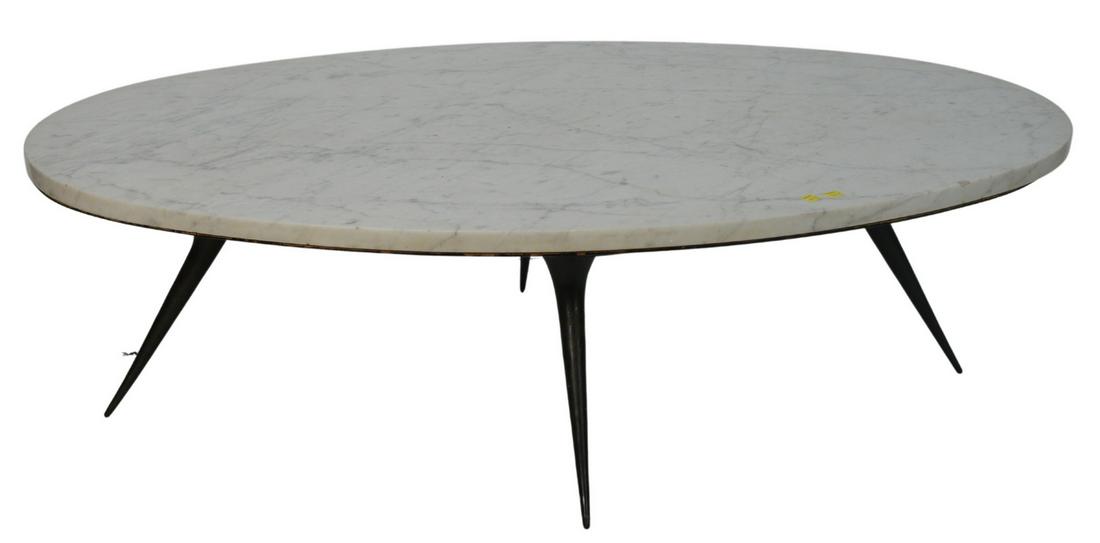 1950's Oval Marble Top Coffee or Cocktail Table, with: 1950's Oval Marble Top Coffee or Cocktail Table, with metal legs, 3/4 inch chip to side, height 15 inches, top 33 1/2" x 52".