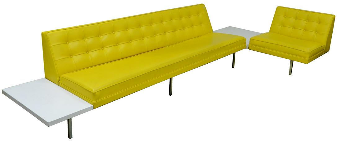 George Nelson for Herman Miller Two-Part Sectional: George Nelson for Herman Miller Two-Part Sectional Sofa, with tables, having steel frame, yellow vinyl upholstery, height 27 inches, 136" x 60".