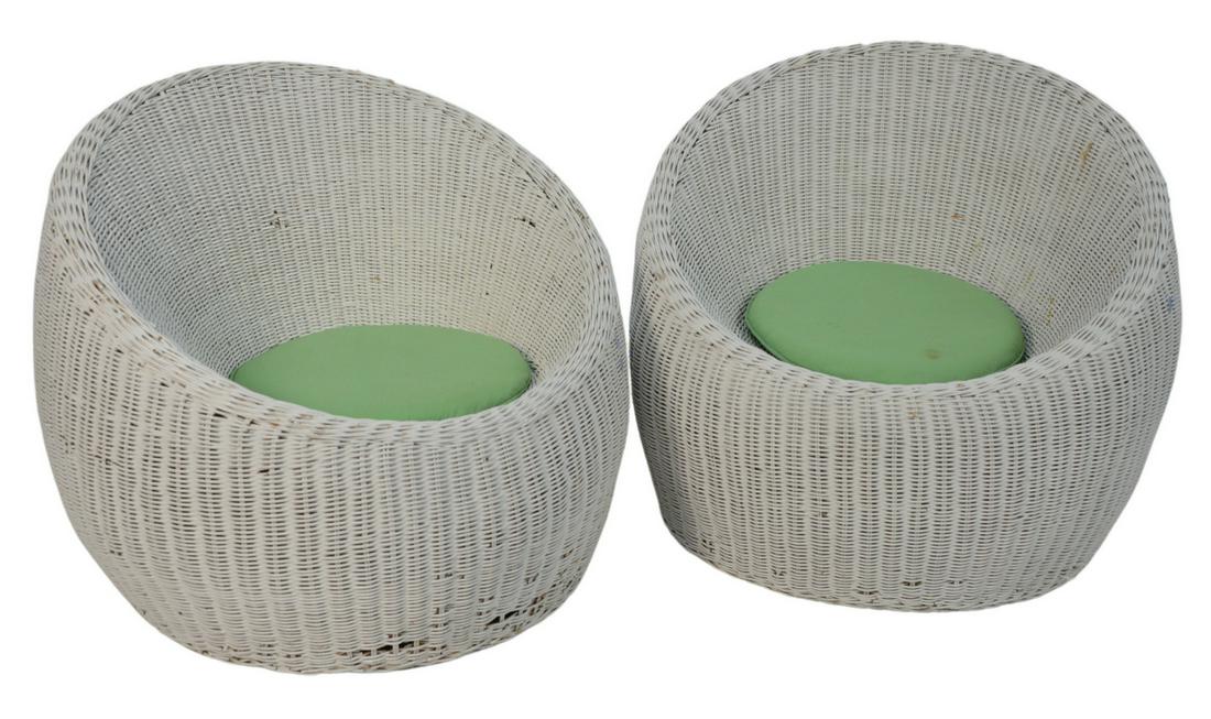 Pair of Deutsch Wicker Ball Chairs, slight losses to: Pair of Deutsch Wicker Ball Chairs, slight losses to weaving, height 28 inches, width 32 inches. Provenance: The Estate of Alan Gans, Mulberry Point, Guilford.