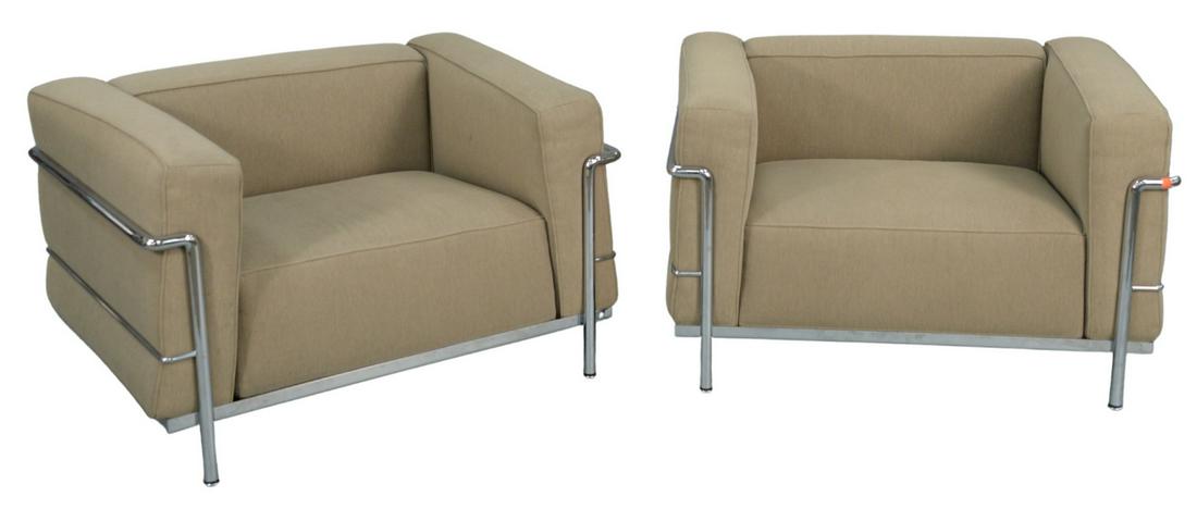 Pair of Le Corbusier Cassina LC2 Tan Upholstered: Pair of Le Corbusier Cassina LC2 Tan Upholstered Armchairs, with chrome base and supports, height 24 inches, width 38 inches.
