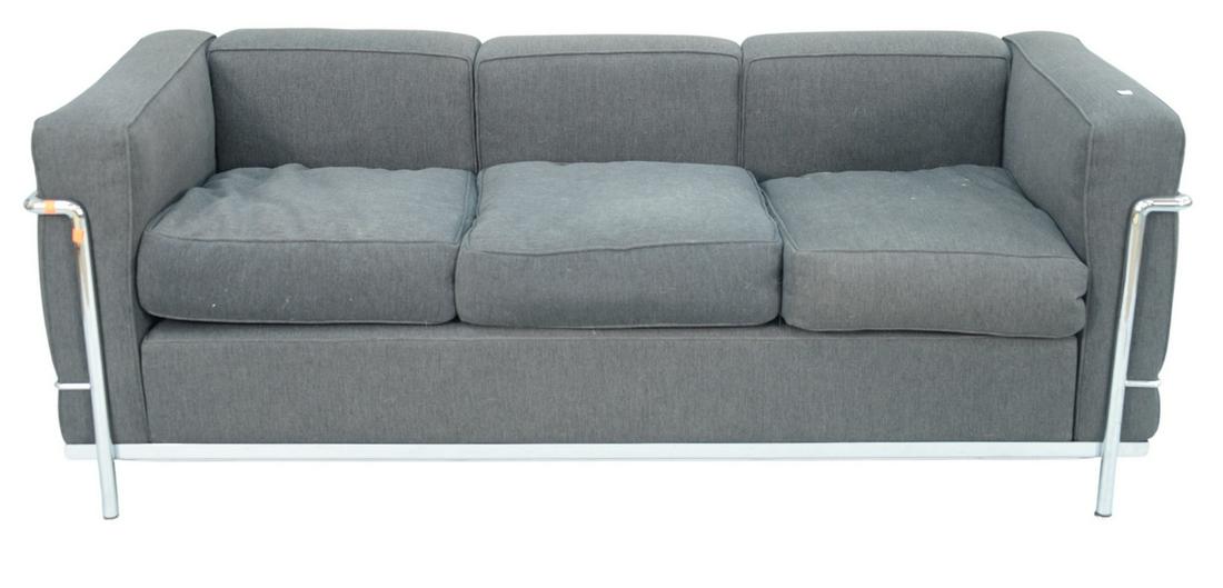 Le Corbusier Cassina LC2 Charcoal Upholstered Sofa,: Le Corbusier Cassina LC2 Charcoal Upholstered Sofa, with chrome base and supports, height 27 inches, length 68 inches.