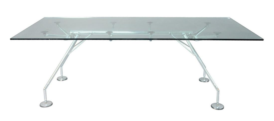 Lord Norman Foster "Tecno Nomos" Table, having clear: Lord Norman Foster "Tecno Nomos" Table, having clear glass, rectangle top with chrome base. height 28 3/4 inches, top 39" x 86 1/2".