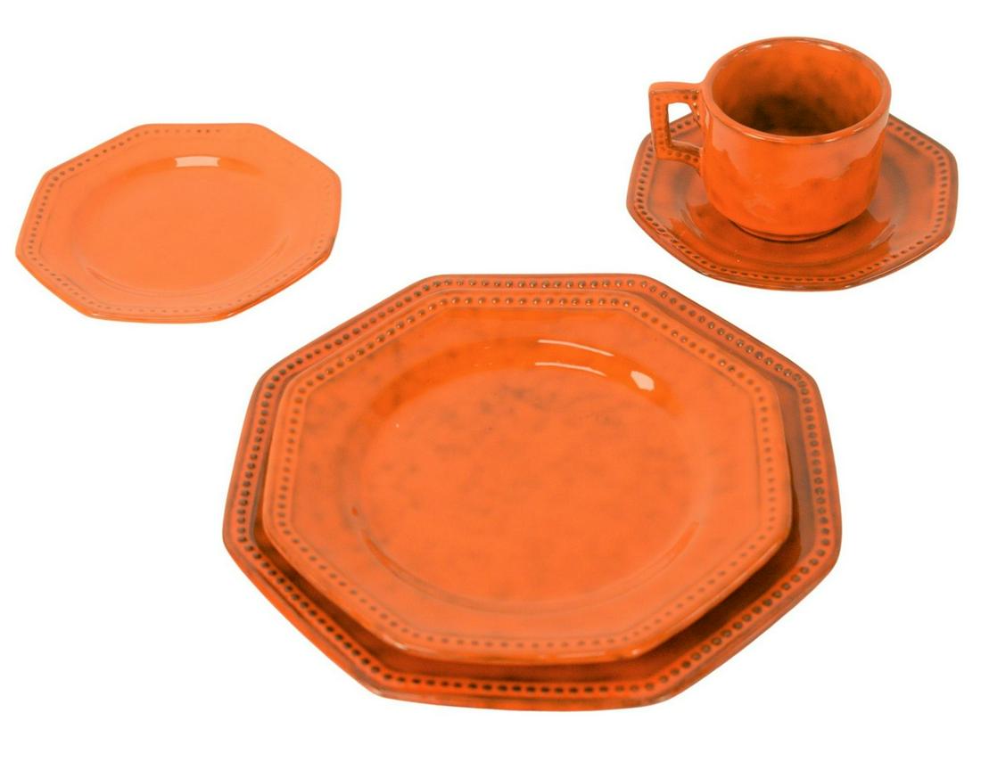 One Hundred and One Set of Orange Glazed Italian: One Hundred and One Set of Orange Glazed Italian Dinnerware, with 22 dinner plates; 20 lunch plates; cups, saucers, etc, marked Italy P.V. on bottom. Provenance: The Estate of Alina Roisen, Park Avenu