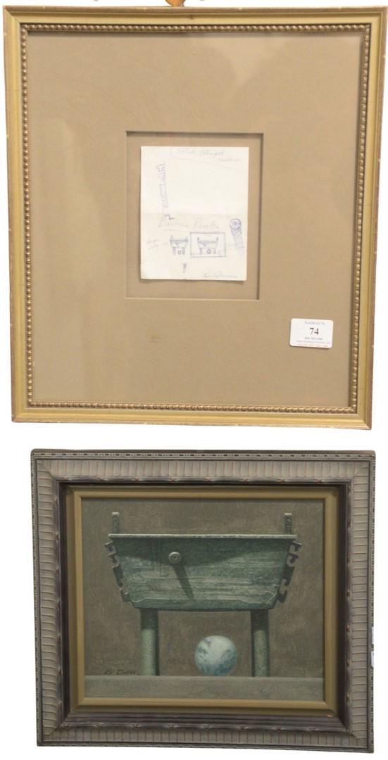 Two Piece Kenneth Davies (American, b. 1925) Lot, to: Two Piece Kenneth Davies (American, b. 1925) Lot, to include untitled (cauldron), oil on canvas, laid on canvas, signed lower left Ken Davies; along with a pen and ink preliminary sketch, 7 3/4" x 9" 