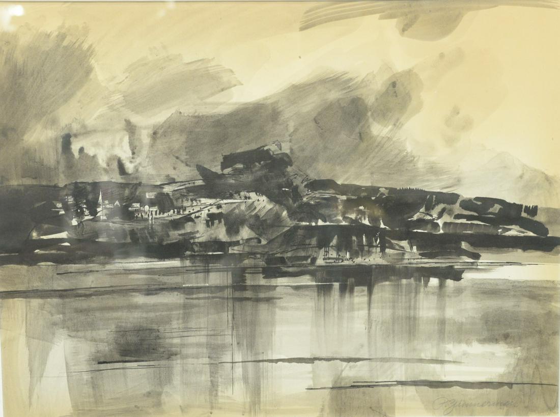 Paul Zimmerman (American, 1921 - 2007), dark landscape,: Paul Zimmerman (American, 1921 - 2007), dark landscape, ink wash on paper, signed lower right 'P. Zimmerman', 17" x 22 1/2". Provenance: The Estate of Alan Gans, Mulberry Point, Guilford.