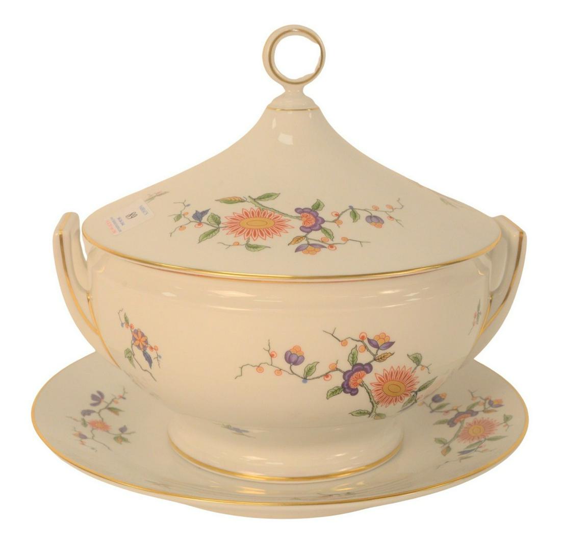 Richard Ginori Italian Porcelain Covered Tureen, with: Richard Ginori Italian Porcelain Covered Tureen, with underplate, having painted flowers with gilt gold center, marked Manifattura Di Docia, Florence, height 9 1/2 inches. Provenance: The Estate of Al