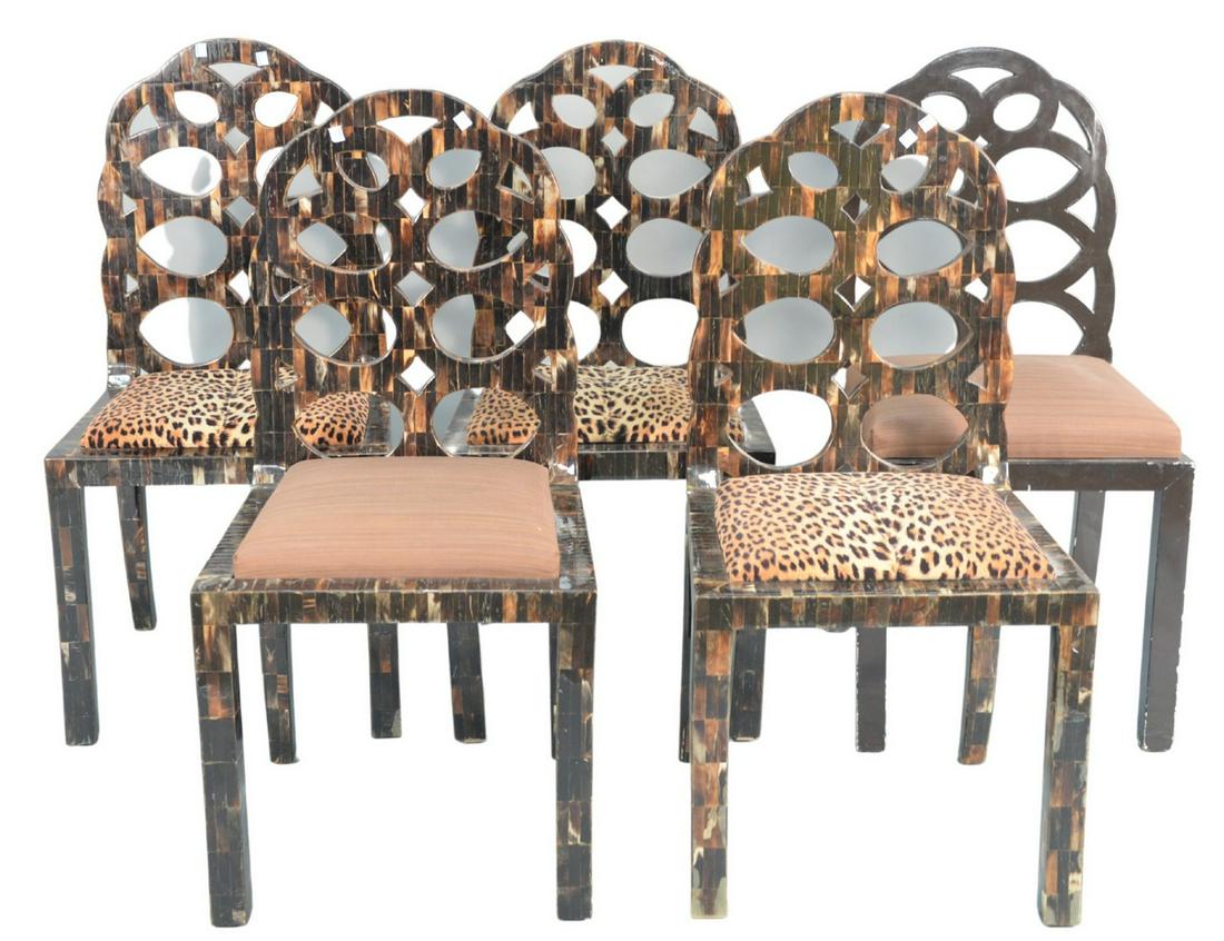 Set of Five Enrique Garcel Side Chairs, four having: Set of Five Enrique Garcel Side Chairs, four having tessellated horn veneer, each with shaped and pierced back, above upholstered seats, one painted black, height 38 1/2 inches. Provenance: The Estate