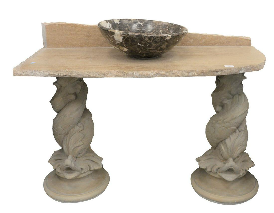 Bathroom Vanity, having granite top with top mount: Bathroom Vanity, having granite top with top mount granite sink, all on cast cement fish pedestals height 36 inches, width 45 inches, depth 19-1/2 inches.