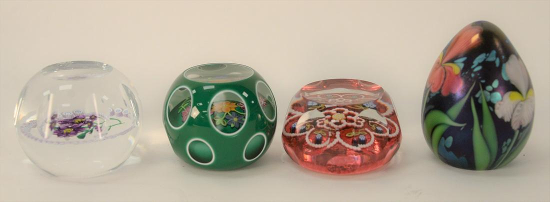 Four Piece Group, to include Orient & Flume art glass: Four Piece Group, to include Orient & Flume art glass paperweight; one Perthshire paperweight; and two unmarked glass paperweights, both with floral mark, height 3 3/4 inches, diameter 3 1/4 inches.