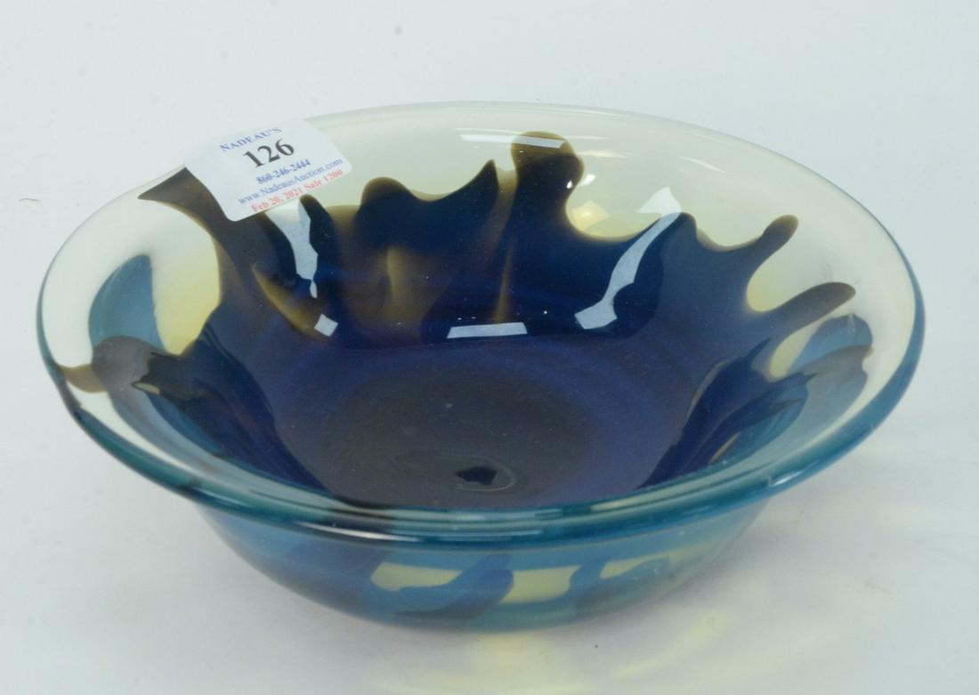Dominick Labino Art Glass Bowl, clear with blue, signed: Dominick Labino Art Glass Bowl, clear with blue, signed on bottom Labino, 1969, height 2 1/2 inches, diameter 8 inches. Provenance: The Estate of Alina Roisen, Park Avenue, New York.