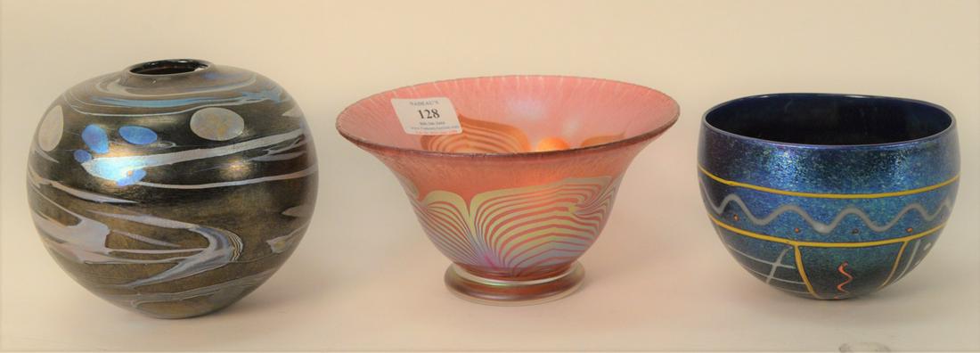 Group of Three Art Glass Pieces, to include Karen: Group of Three Art Glass Pieces, to include Karen Lawrence bulbous bud vase; pink iridescent bowl with pull, leaf design, marked SB MFR 170.818, Franklin Mint, Charles De Temple, blue bowl, tallest 5