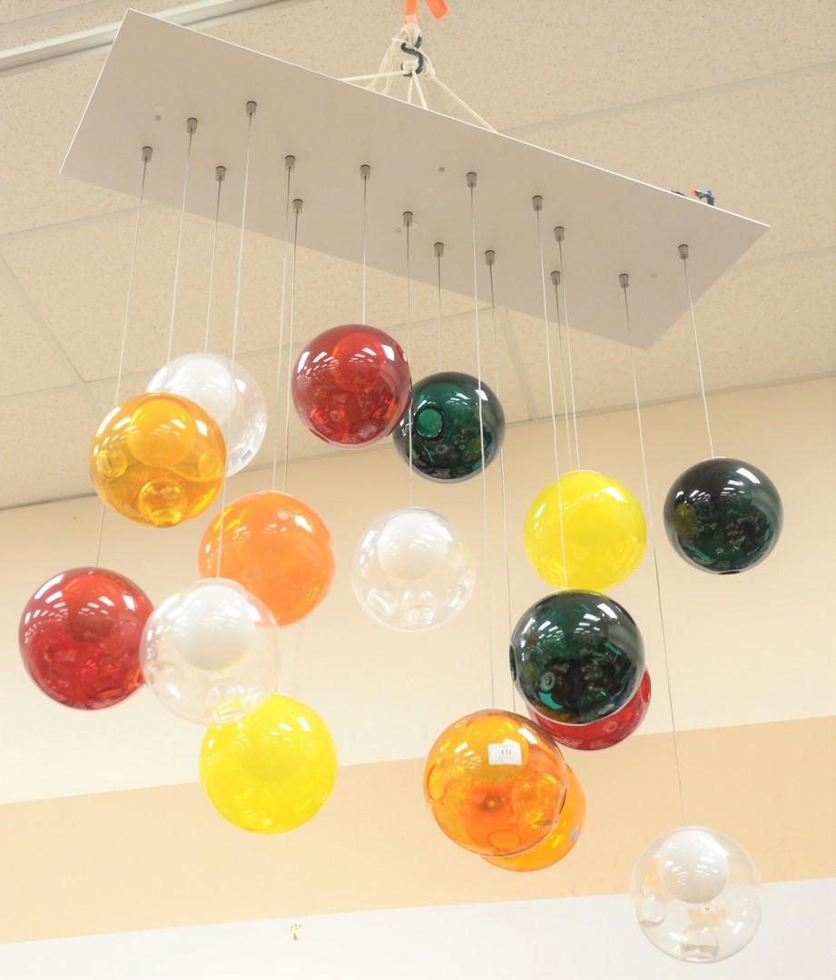 Two Piece Group, to include a contemporary hanging: Two Piece Group, to include a contemporary hanging light having 16 art glass globular shades in assorted colors; along with an art glass table lamp, height 37 inches, height 42 inches, width 45 inches