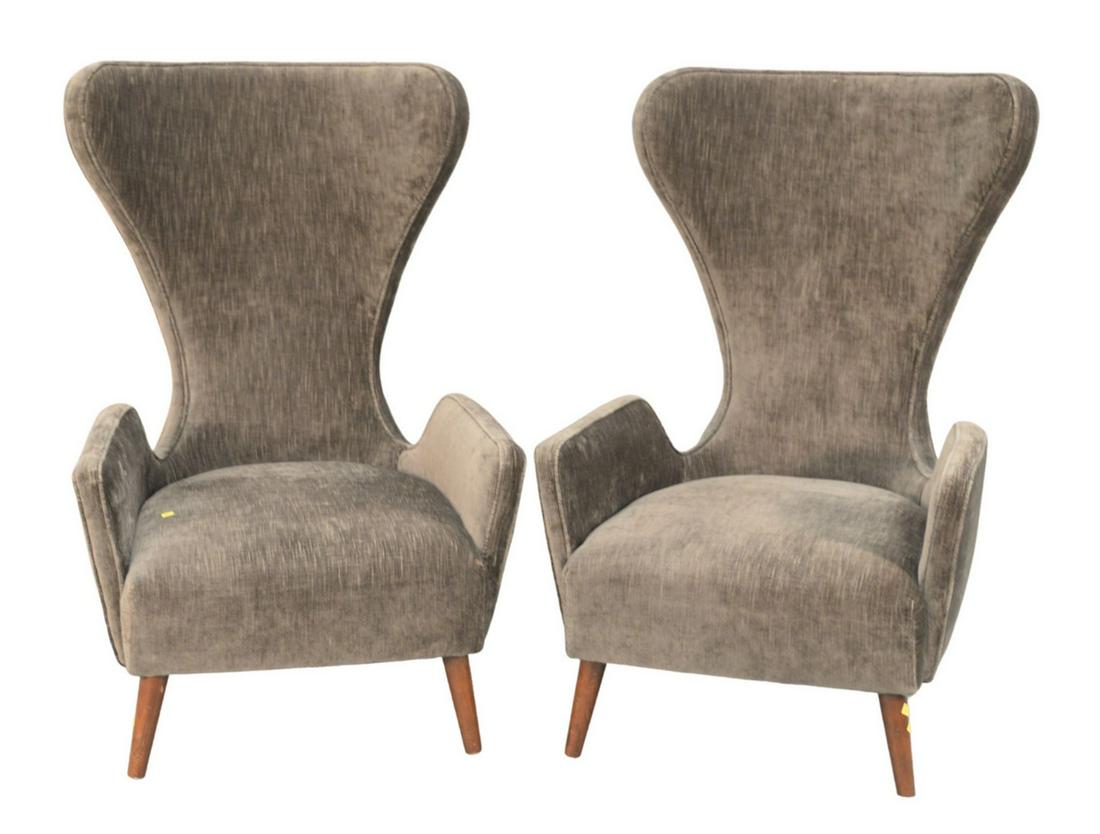 Pair of Mr. Brown of Granta Wing Chairs, having moss: Pair of Mr. Brown of Granta Wing Chairs, having moss velvet upholstery, made in London, England, retails for just under $8,000, height 43 inches, width 31 inches, depth 32 inches.