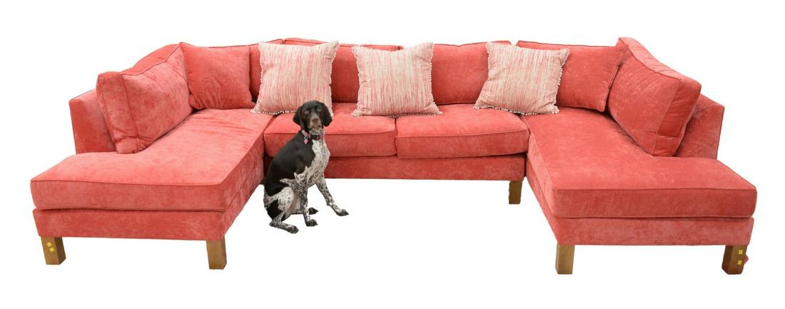 Custom Contemporary Sectional Sofa, c-section with: Custom Contemporary Sectional Sofa, c-section with lounges on each side, pink upholstery and down filled cushions, height 33 inches, width 132 inches, depth 73 inches.