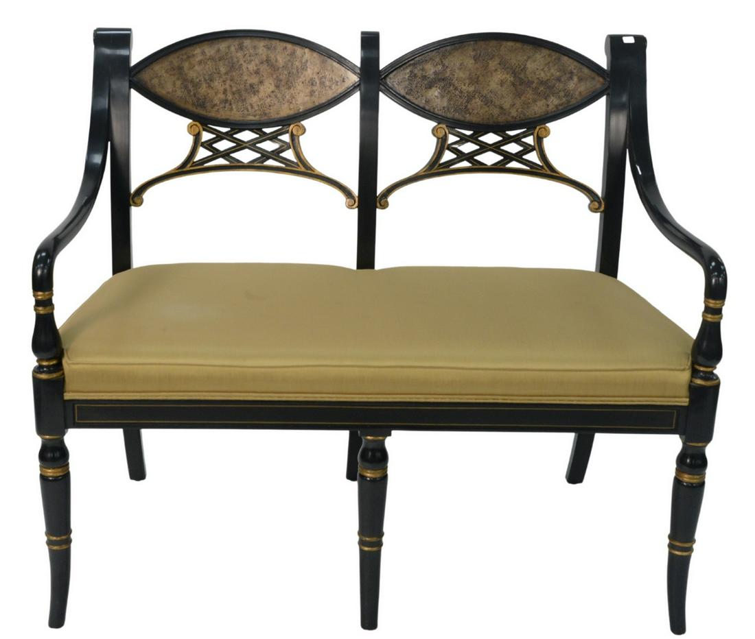 Theodore Alexander "Between Friends" Regency Style: Theodore Alexander "Between Friends" Regency Style Ebonized Settee, height 36 inches, width 42 inches, depth 22 3/4 inches.
