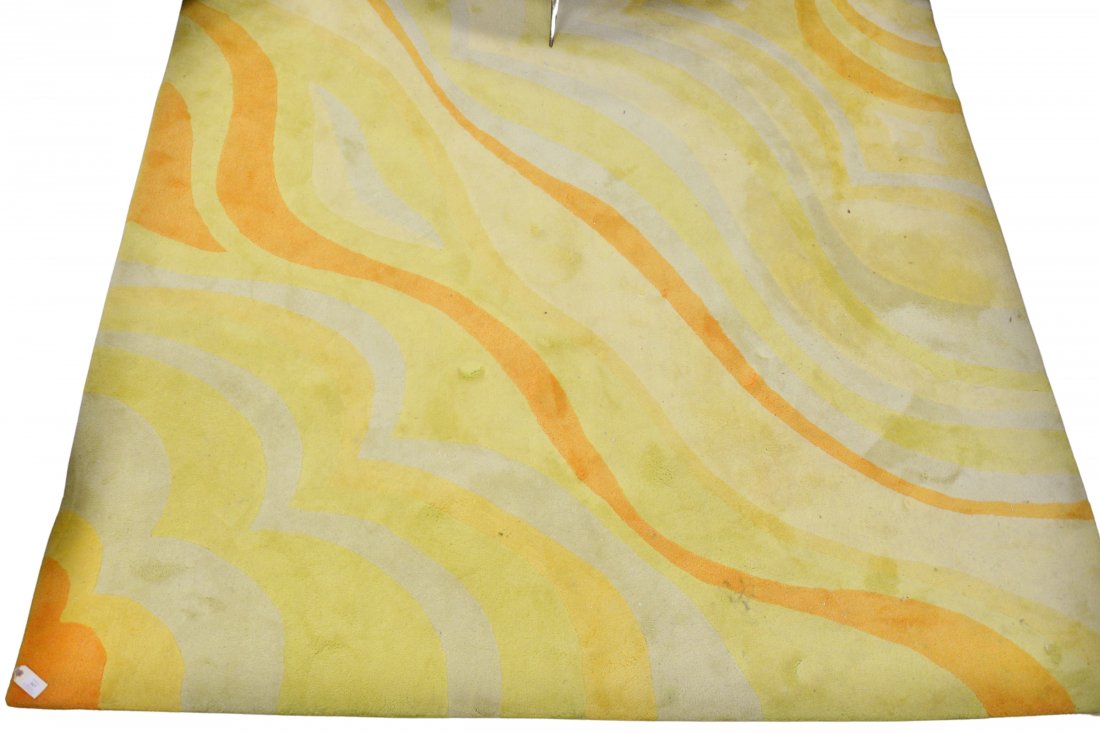 Edward Fields Modern Custom Carpet, orange, yellow,: Edward Fields Modern Custom Carpet, orange, yellow, wavy decoration, 8' x 9'. Provenance: The Estate of Alan Gans, Mulberry Point, Guilford.