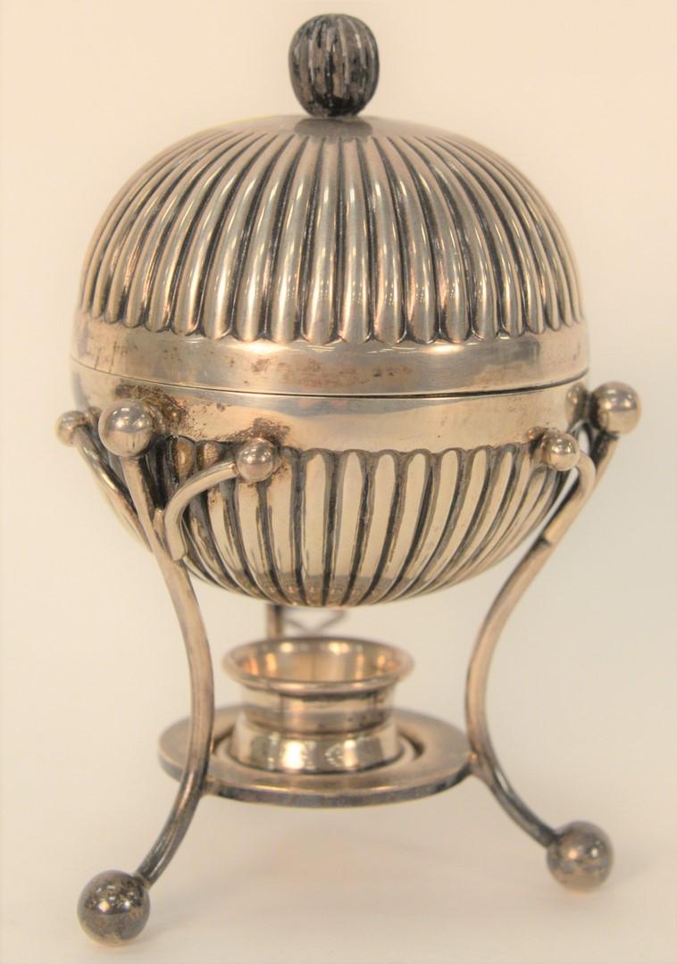 Mappin & Webb Silver Egg Server, complete with three-: Mappin & Webb Silver Egg Server, complete with three- section egg holder inside, height 7 inches, 17.4 t.oz.