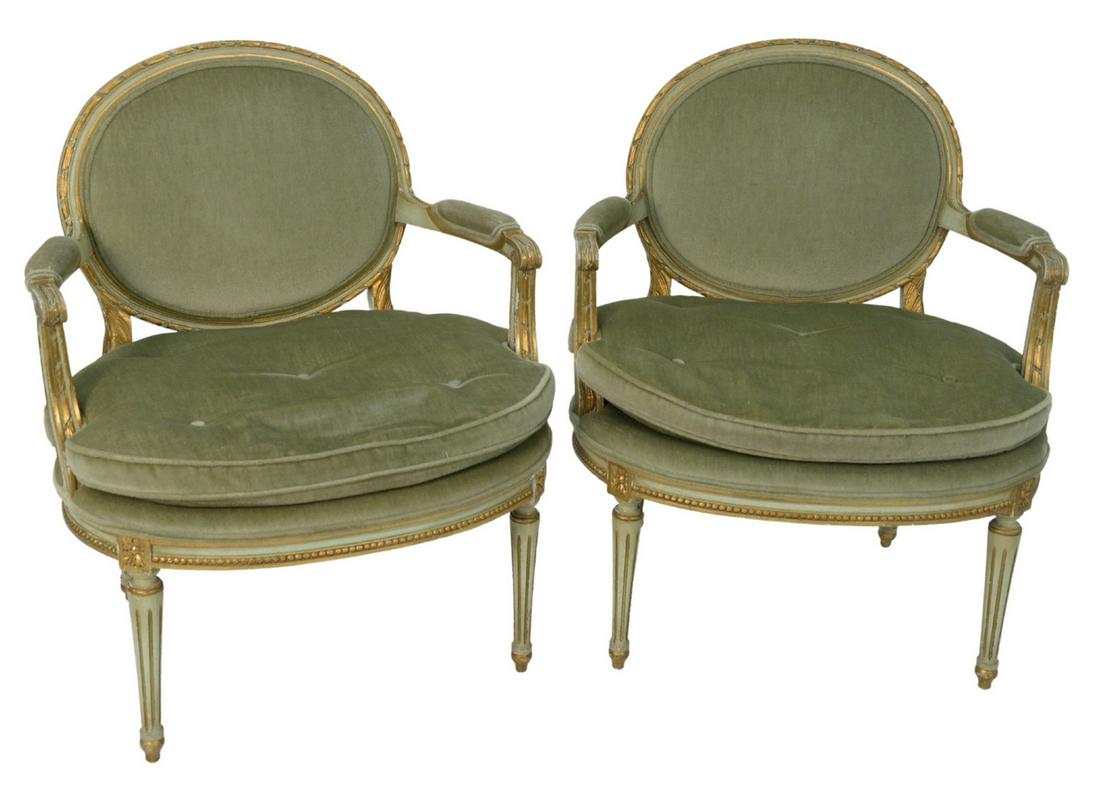 Pair of Louis XVI Style Fauteuil, green and gilt: Pair of Louis XVI Style Fauteuil, green and gilt frames, mohair upholstery, height 34 inches, width 27 inches. Provenance: The Estate of Alina Roisen, Park Avenue, New York.