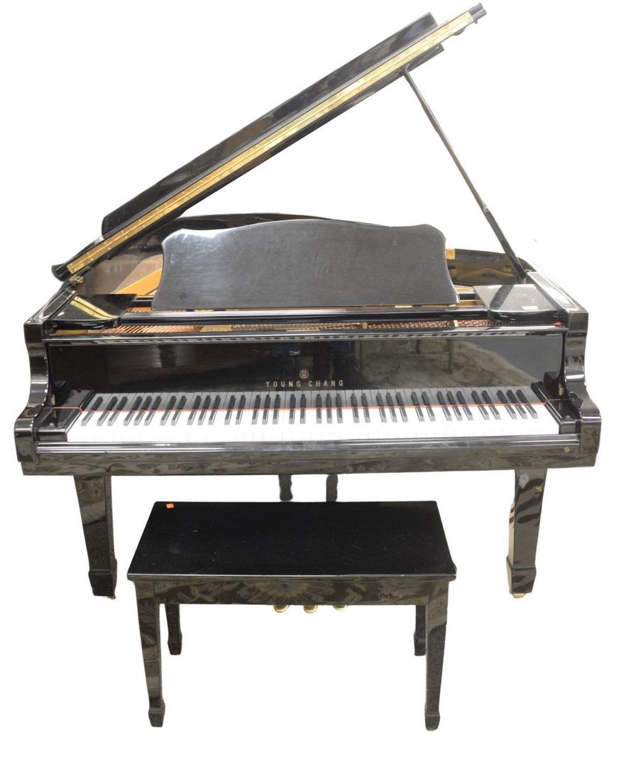 Young Chang Baby Grand Piano, black lacquered, G175,: Young Chang Baby Grand Piano, black lacquered, G175, circa 1987, with bench.