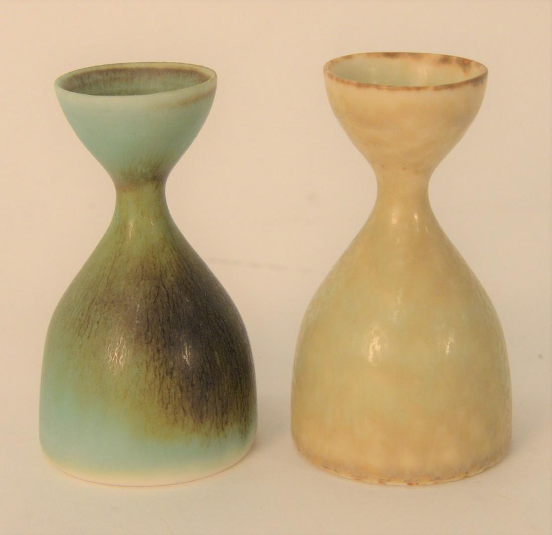 Two Carl Harry Stamhare Rorstrand Stoneware Vases,: Two Carl Harry Stamhare Rorstrand Stoneware Vases, green and yellow glazed with flaring rim, marked on bottom Sweden SXG, height 3 1/2 inches.