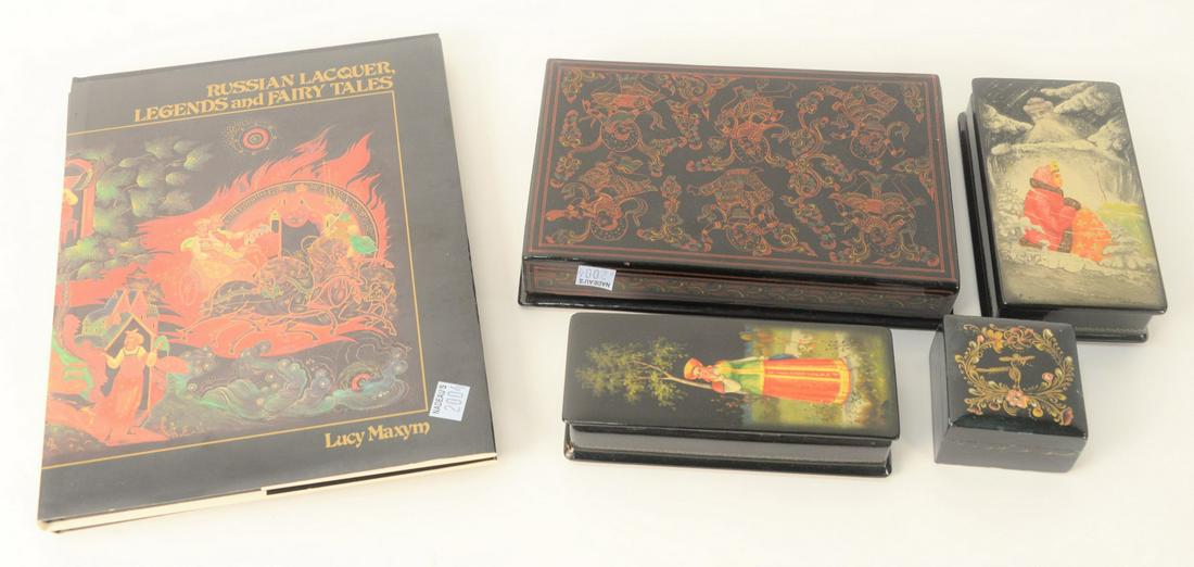 Group of Four Russian Lacquer Boxes, legends and fairy: Group of Four Russian Lacquer Boxes, legends and fairy tale motif, manner of Palekh School, one marked 1924, signed illegibly; one having winter storm goddess, marked 1944, two others along with two b